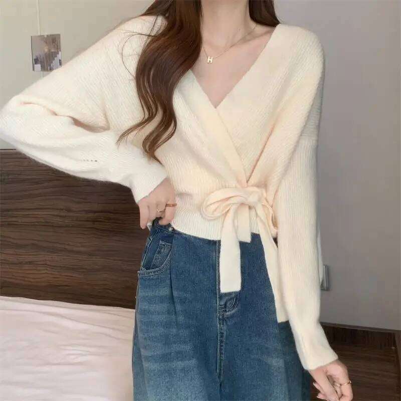 Cross Irregular Tie Up Waist Slimming Sweater Cardigan Women's Spring Autumn Winter Unique Loose Knitted Shirt Z260313