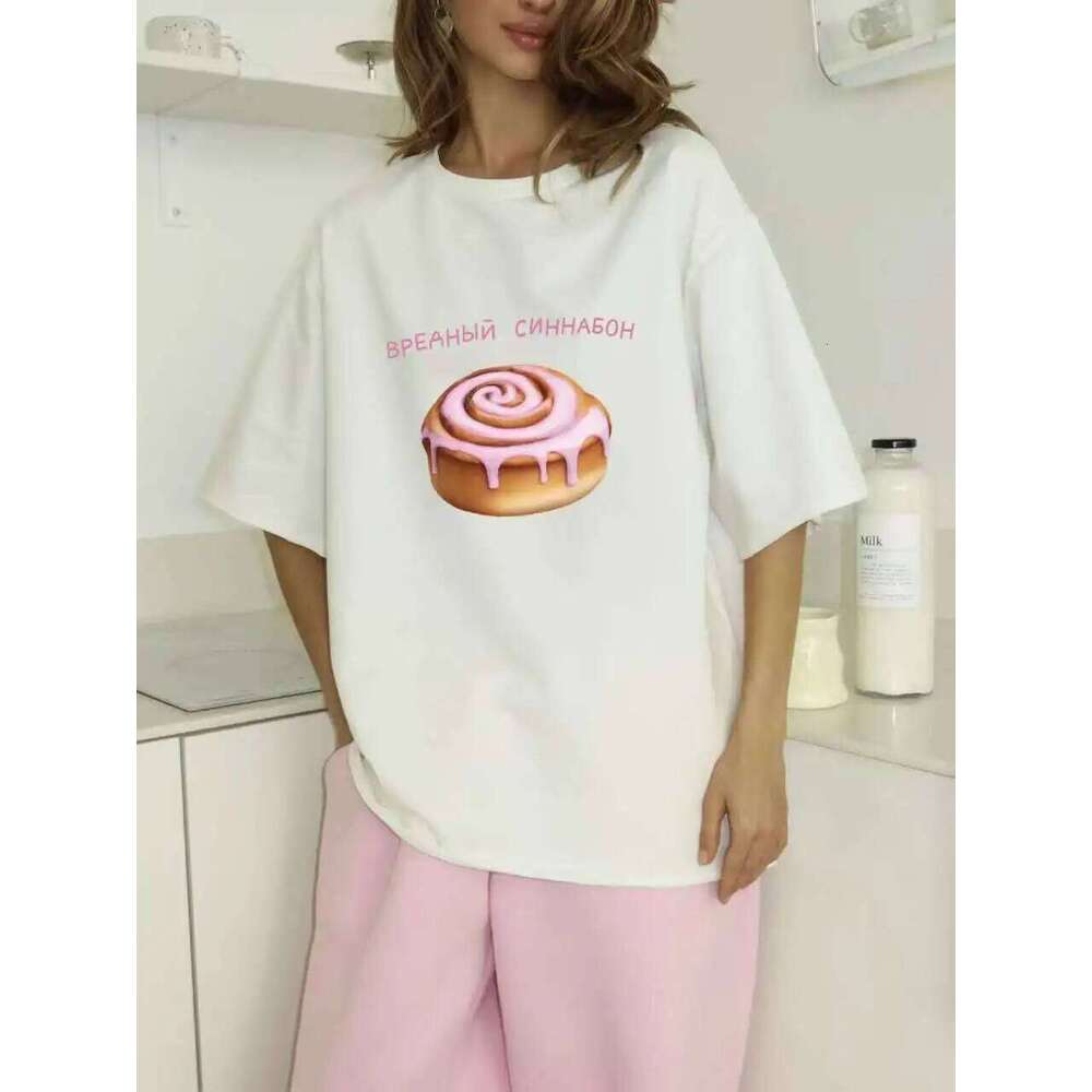 Sweet Cake Russian Letter Print Blue White Short Sleeve Women's T-shirt Vintage American Fashion 100% Cotton Summer Tshirt 2025 Z260314