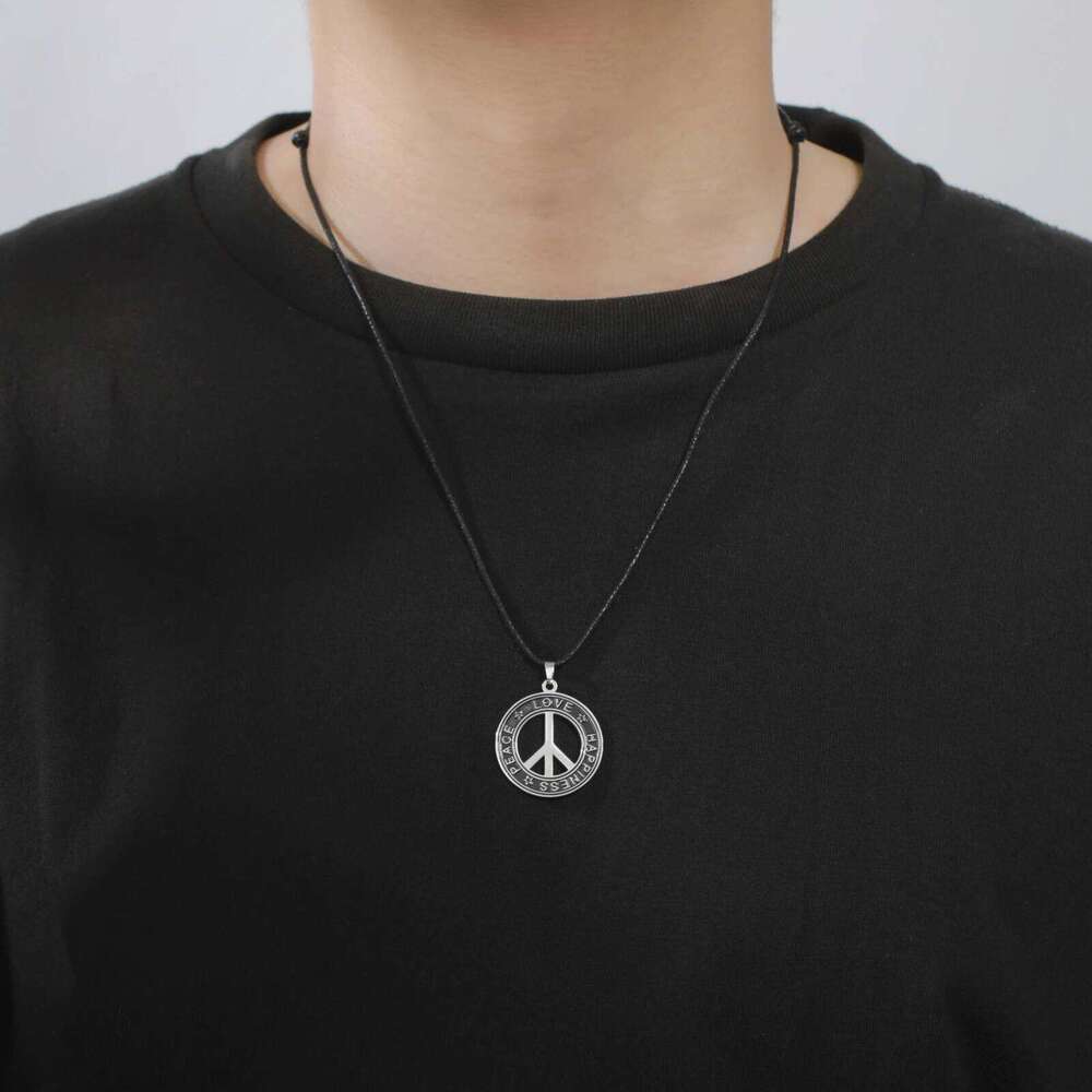 My Shape Round Peace Sign Symbol Pendant Necklace Stainless Steel Charm Choker Wax Cord Link Chain for Women Men Jewelry Gifts H260312