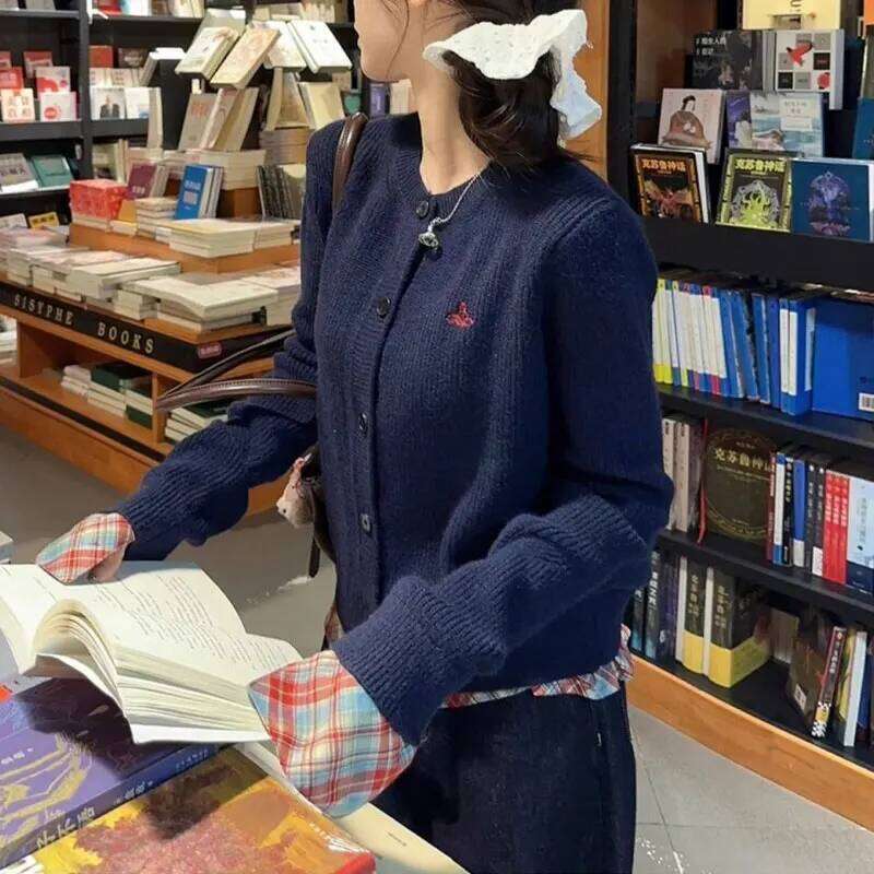 Vintage Plaid Patchwork Sweaters Female Clothing Korean Fake Two Pieces Autumn Winter Fashion Embroidery Loose Knitted Jumpers Z260314