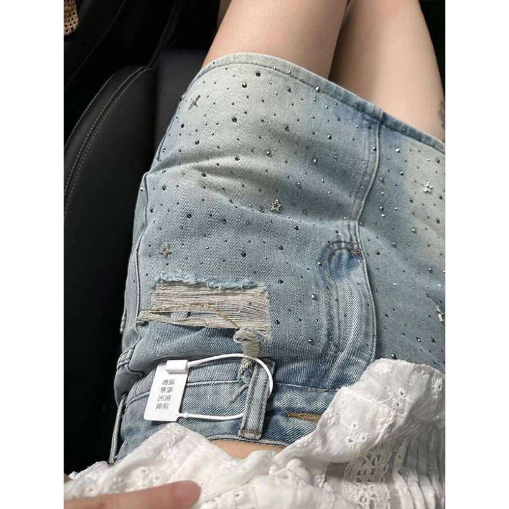 Vintage Denim Starry Skirts Women Mini Rhinestone A-line Korean Style Hot Spicy Girls Summer Streetwear Stylish 4XL Chic Z260314