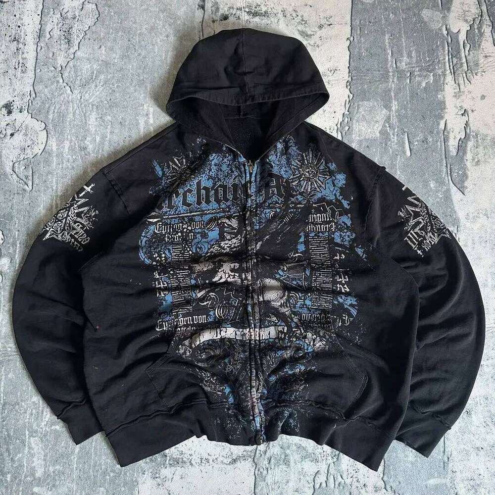 Affliction Gothic Y2K New Retro Pattern Oversize Zipper Hoodie Hip Hop Street Casual Sweatshirt Personality Men clothing Z260314