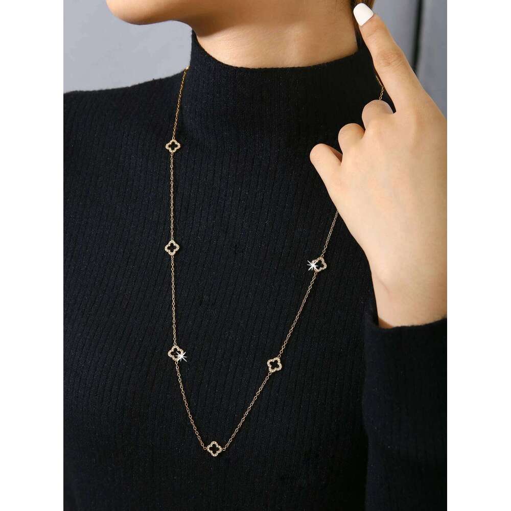 Elegant Stainless Steel 18K Gold-Plated Openwork Diamond-Studded Cr Long Necklace For Women H260312