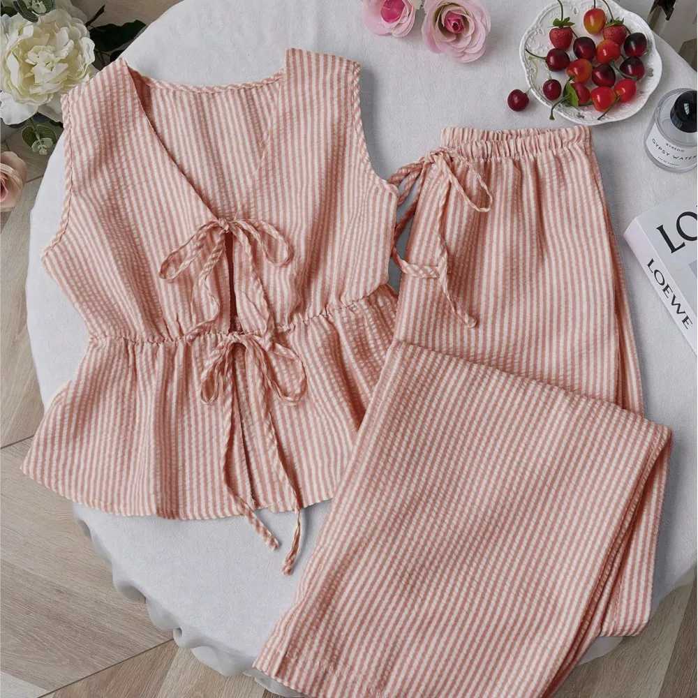 Striped New Two Piece Set Summer V Neck Lace Up Sleeveless Blouse High Waist Wide Leg Pants Sets Casual Solid Women Sets M260313