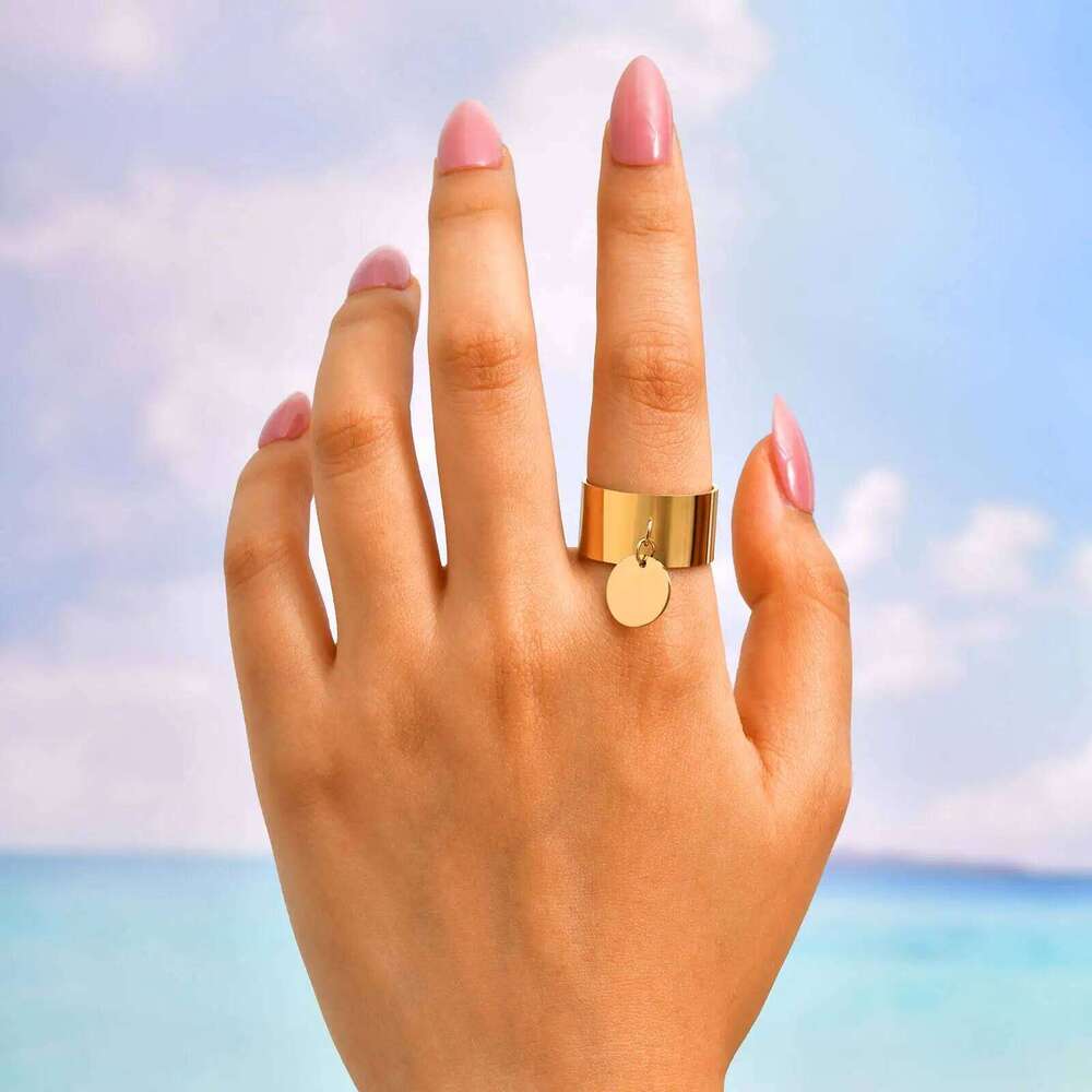 Minimalist Stainless Steel Open Ring with Round Pendant, 18K Gold Plated Charm Wide Ring, High Quality Jewelry for Women H260312