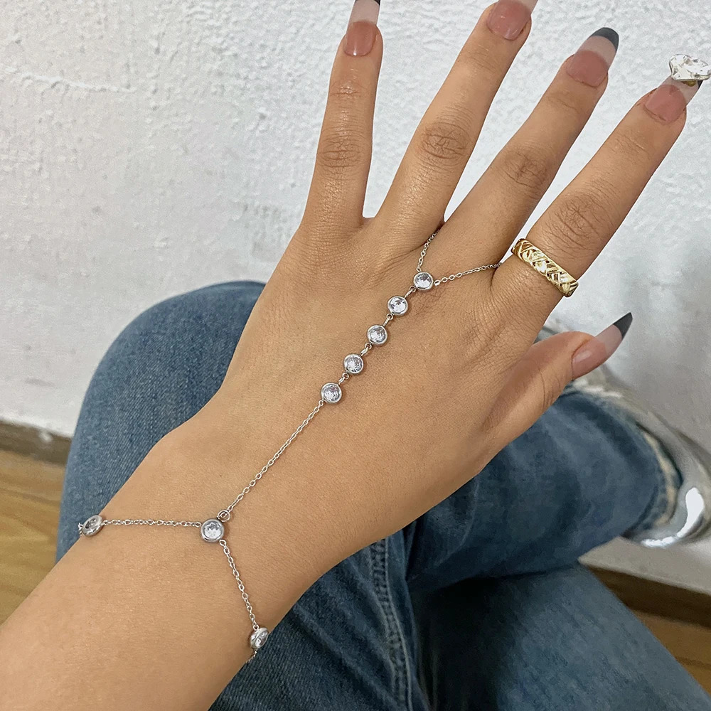 Zircon Beads Chain Bracelet for Women Link Connected Stainless Steel Silver Color Finger Ring Bracelets Hand Harness Jewelry 260313