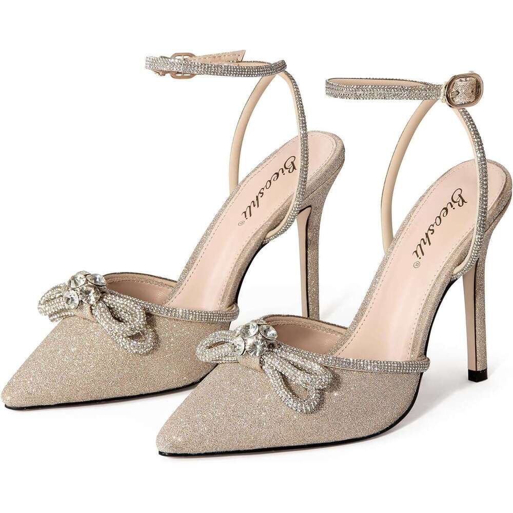 Women S Satin Lace Up High Heel Ankle Buckle Straps Pump Rhinestone Strip Bowknot Pointed Toe Stiletto Sandals MOJIDASHU