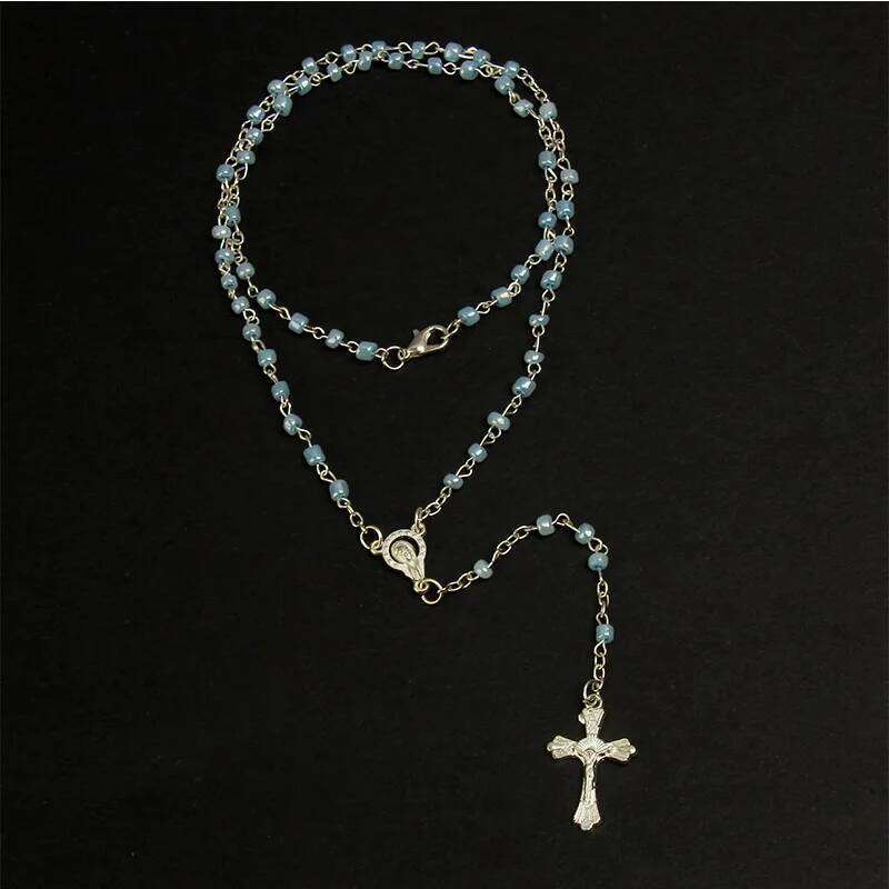 Small 4mm Glass Rosary Necklace Gold Beads and Heart Shaped Pendant Chain with Cross Christian Church Prayer Ornaments H260312