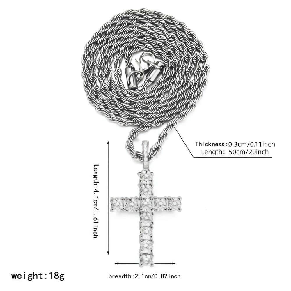 iced Out Crystal Zircon Cross Pendant Necklace Silver Plated Twisted Chain Necklaces For Men Women, with a complimentary gift H260312