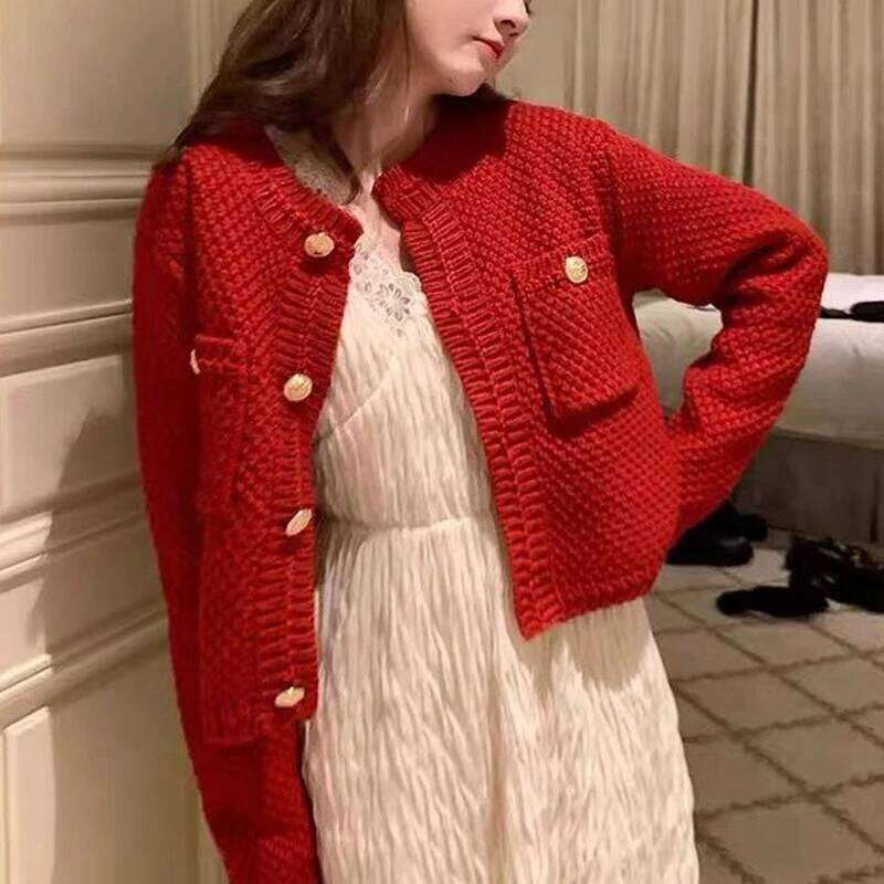 Autumn Winter Women French Vintage Sweet Luxury Chic Button Up Cardigan Solid O Neck Long Sleeve Loose Knitted Sweater Outerwear Z260314