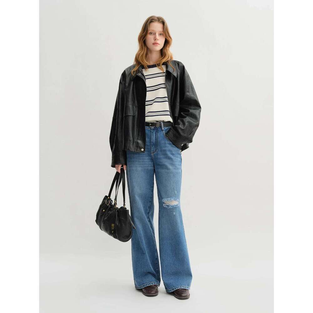 DUSHU 2025 Summer Women's Ripped Jeans - Straight Leg Non-Stretch Casual Pants High Waist Versatile Long Trousers Z260313