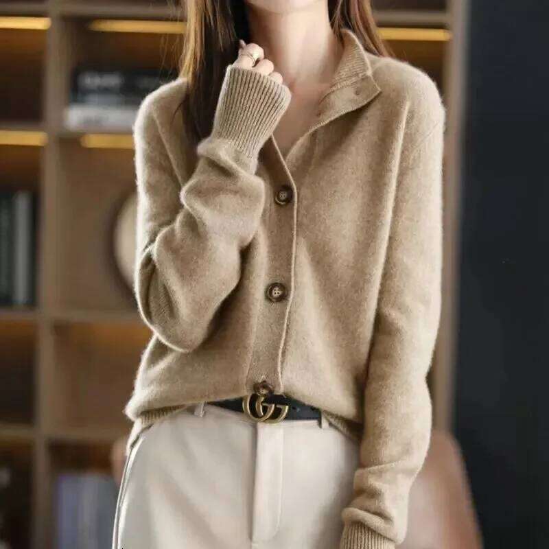 Autumn Winter New Stand collar Knitted Cardigan Solid Loose Short Jacket Women's Korean version Long sleeved Sweater Casual top Z260314