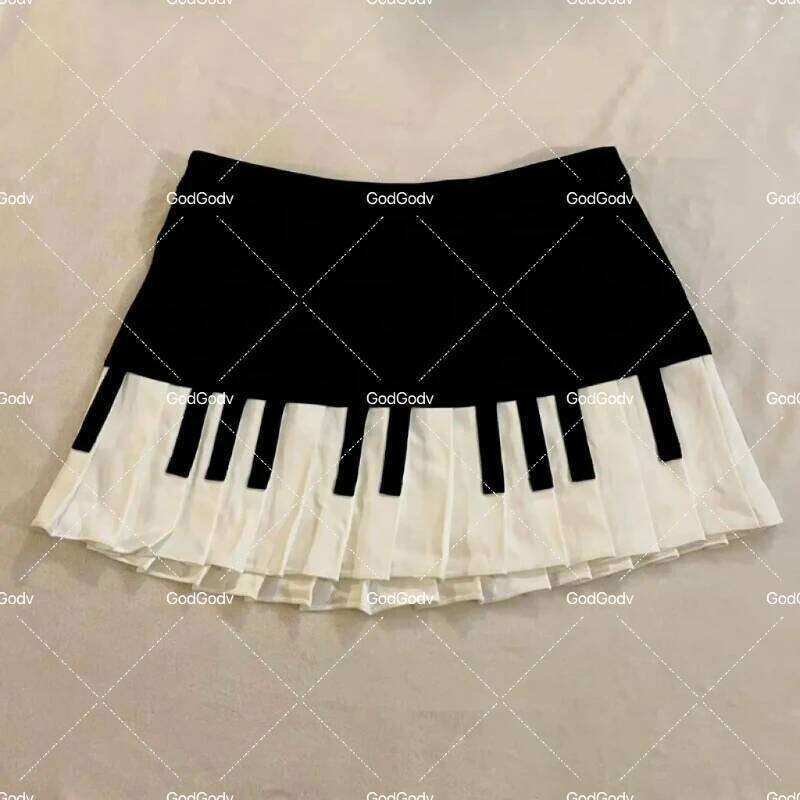 Spring Black White Spliced Women Short 2025 Y2k Slim Design Harajuku Mini Female Empire Korea Style Chic Piano Skirt Z260314