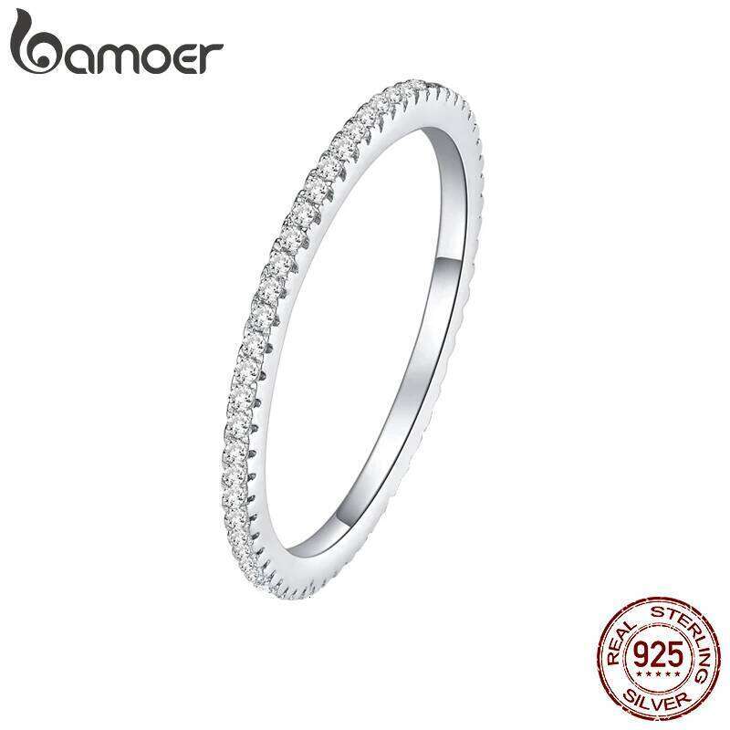 BAMOER White Gold Plated Solid 925 Sterling Silver CZ Simulated Diamond Stackable Ring Eternity Bands for Women H260312