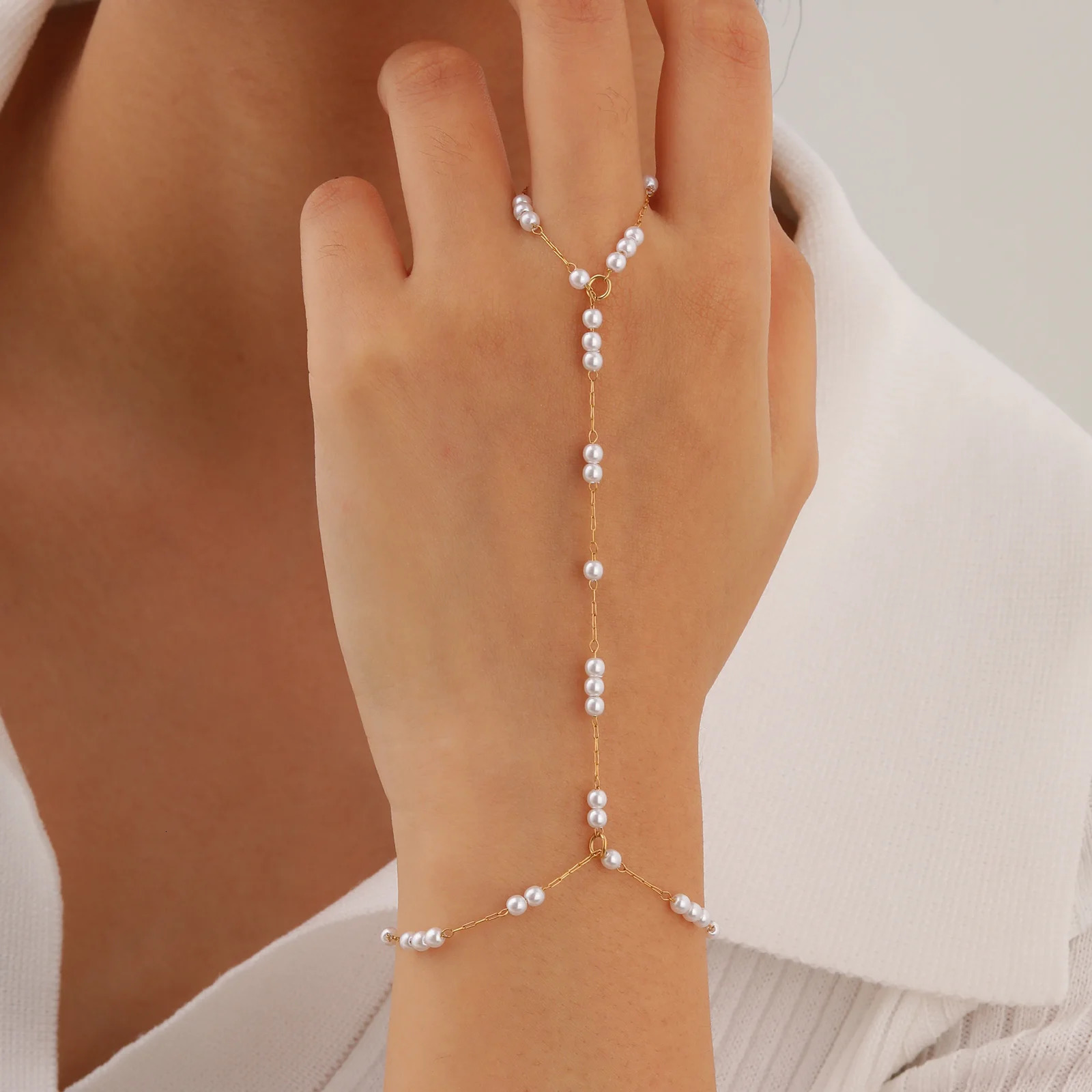 Stainless Steel Pearl Finger Ring Charms Bracelets for Women Bead chain zircon Mittens Tassel Bracelet Jewelry Gifts 260313