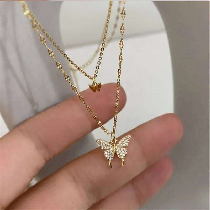 LATS New Shiny Butterfly Exquisite Double Layer Clavicle Chain Necklace Jewelry for Ladies Gift H260312