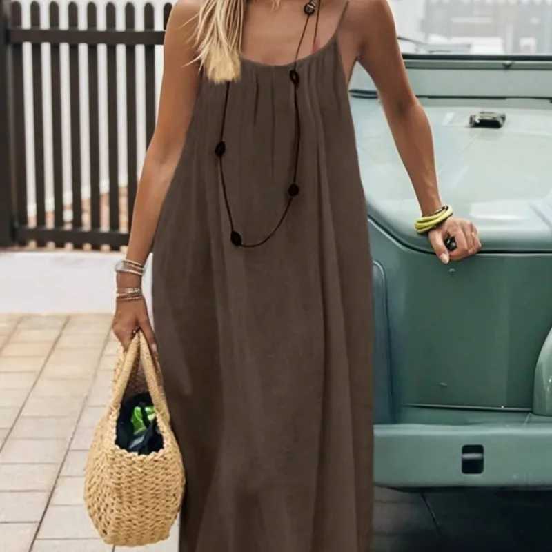 Casual Solid Loose Dress For Women Sexy Sleeveless Spaghetti Strap Backless Lace-up Robe Femme Holiday Beach Party Clothes NewT260314