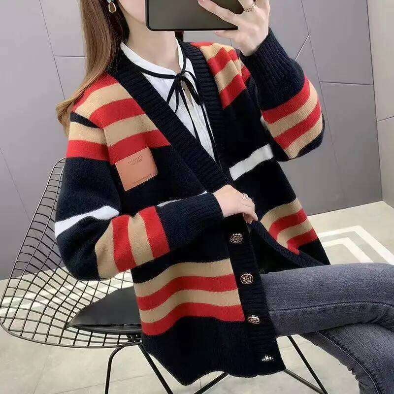 Striped Knitted Cardigan Jacket for Women's Spring Autumn New Vintage Loose and Gentle Sweater Korean Version Lazy Style Jac Z260313