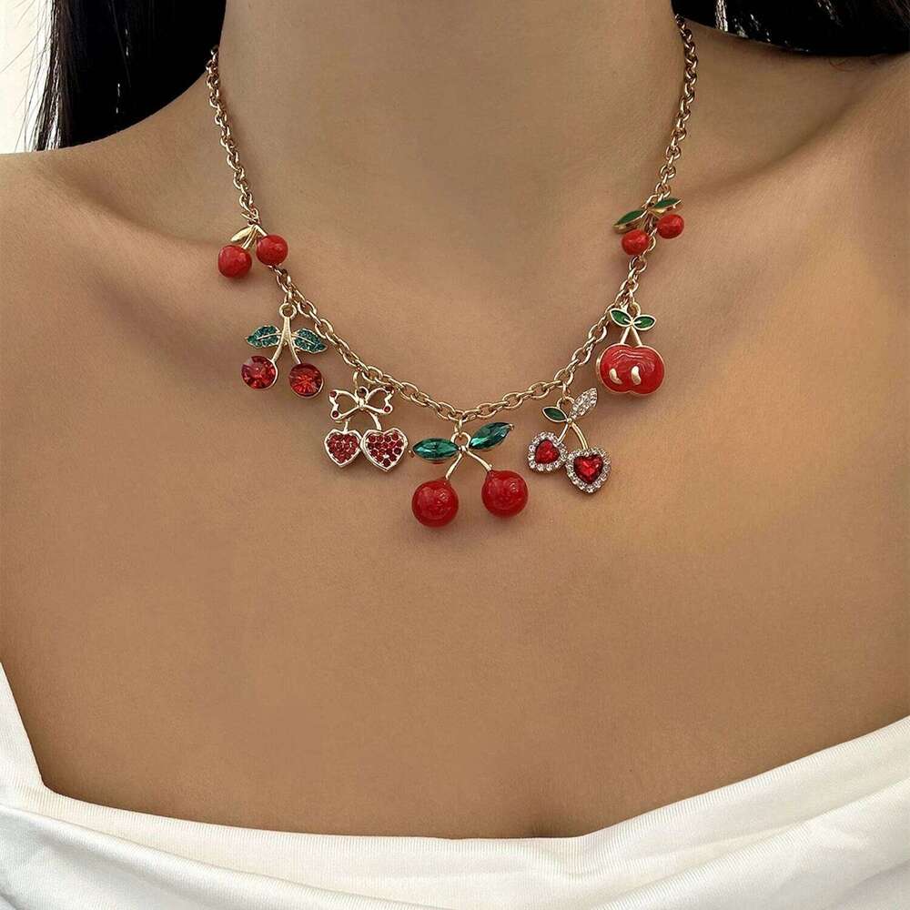 Y2K Sweet Cherry Strawberry Pendant Necklace For Women Dainty Cute Fruit Bow Charms Clavicle Chain Fashion Jewelry Accessories H260312