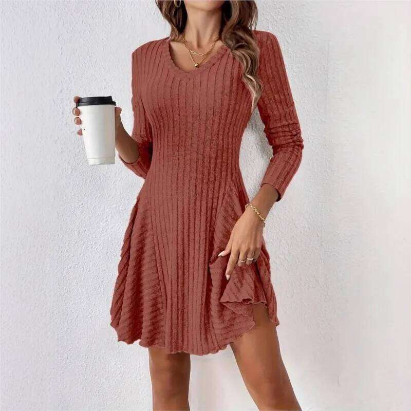 Solid Color V-neck Dress Autumn Winter Women's New Fashionable Knitted A-line Long Sleeved Short Frock Z260314