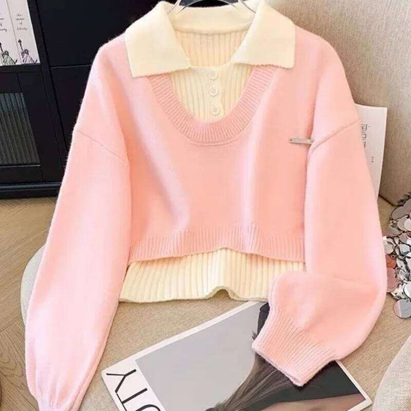 Y2k Two-piece Set Women Knitted Sweater Harajuku Autumn Winter Coat Design Trend Tops Collegiate Pullovers Suits Short Outerwear Z260314