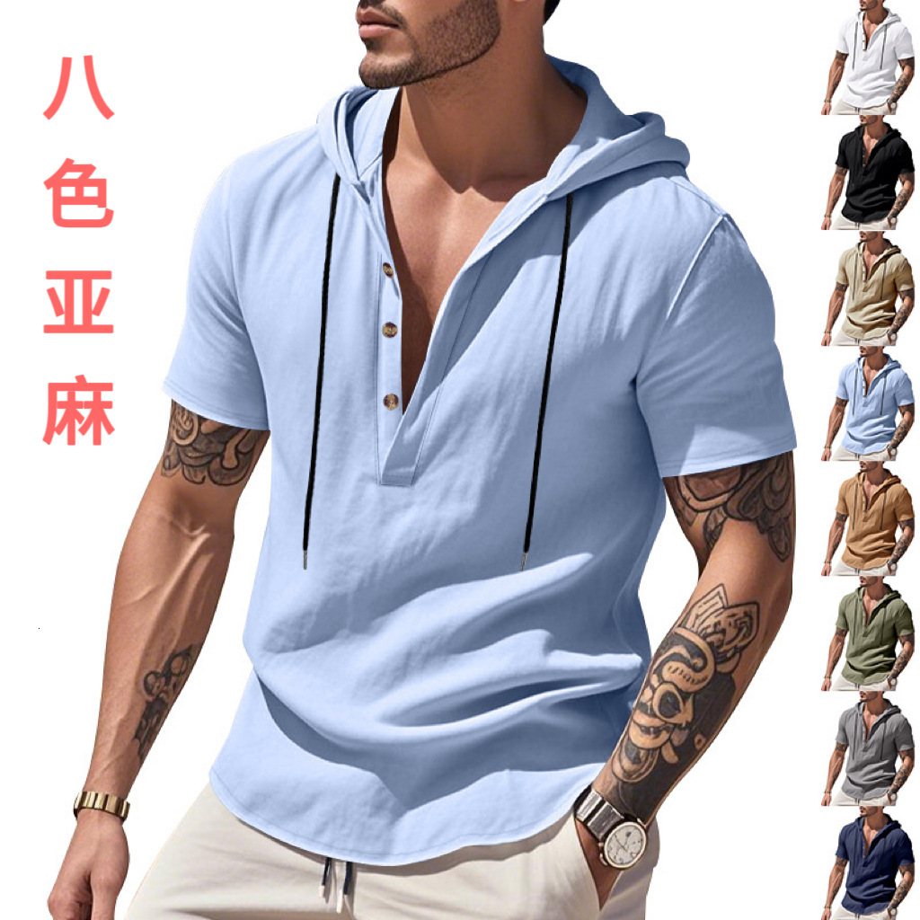 Designer Shirt Men's Clothing American Style Polo Summer Men's Designer Hoodie Linen Hooded Beach Casual Shirt Short-sleeve Men's T-shirt
