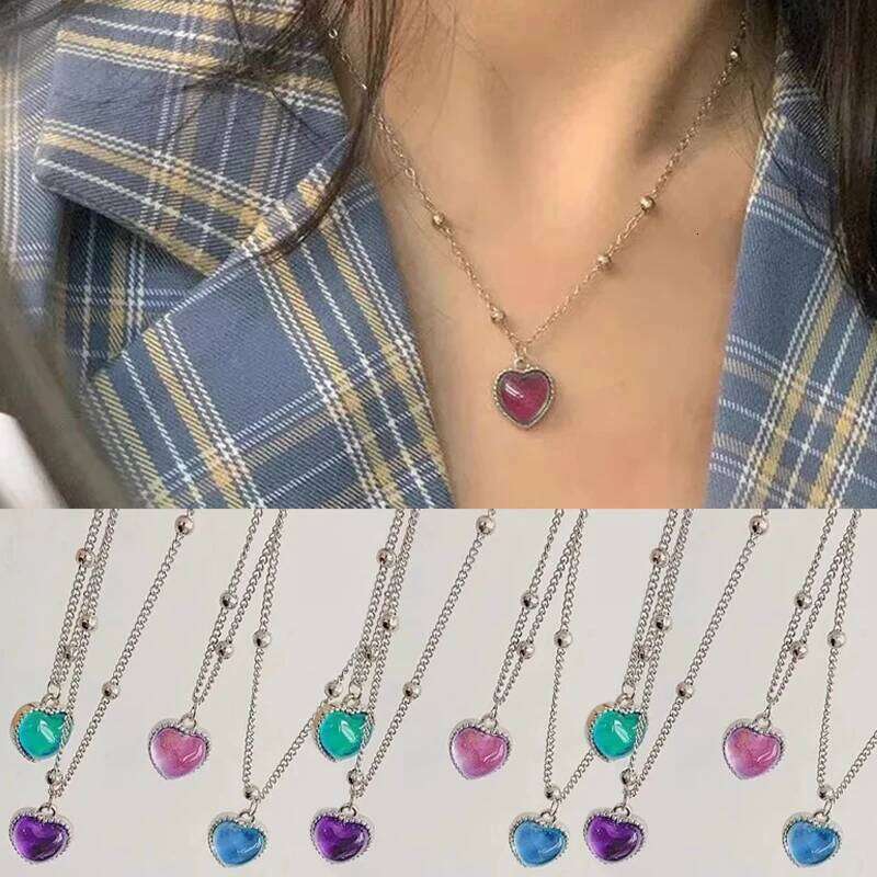 Discoloration Necklace Color Change Heart Pendant Chain for Women Temperature Sensitive Stone Peach Choker Jewelry H260312