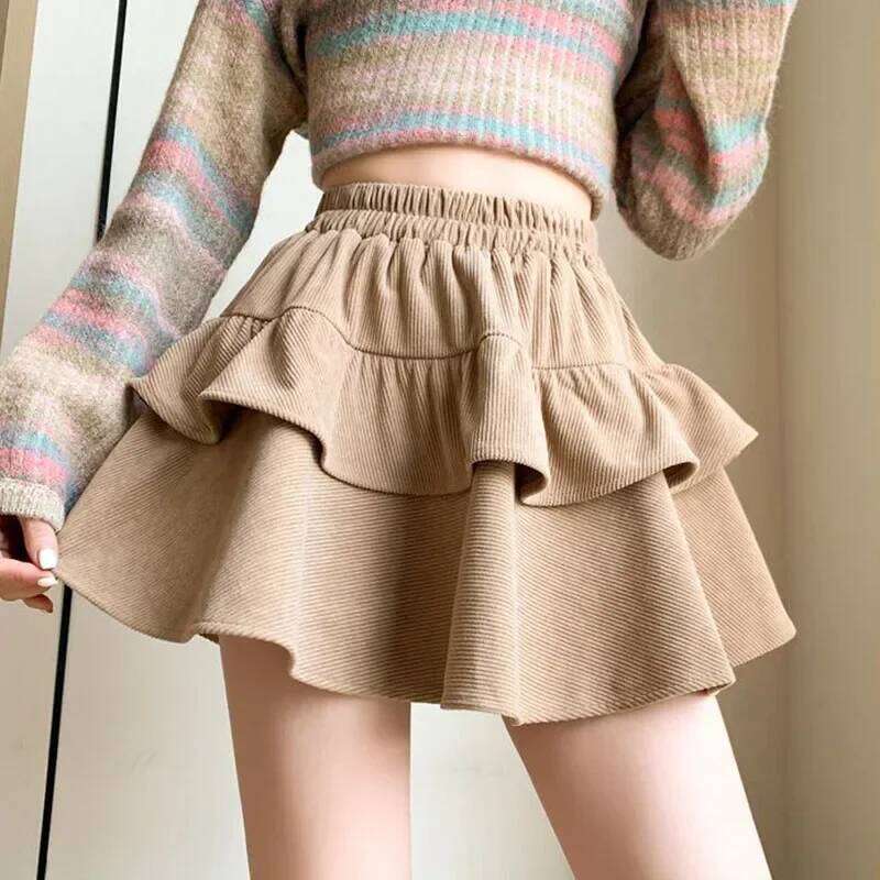 Fanan High Waist Puffy Ruffles A-line Ladies 2024 Autumn New All-match Corduroy Pleated Skirts Y2K Vintage Cake Mini Skirt Z260314
