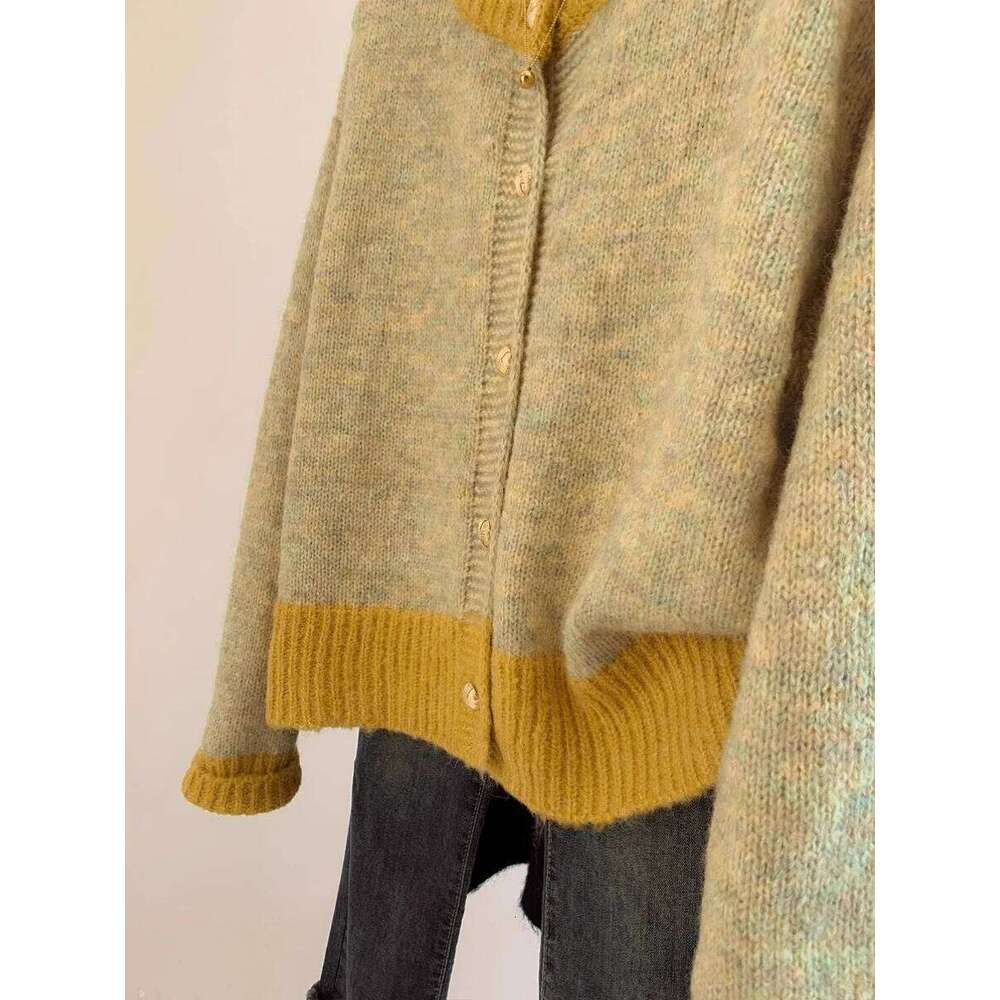 Single Breasted Pink Short Sweater Coat For Women Autumn Winter Lazy Small Knitted Cardigan Female O-Neck Splicing Color Top Z260314