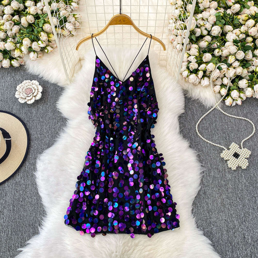 2026 c10 high-end sparkling sequin V-neck backless camisole dress designed specifically for performances