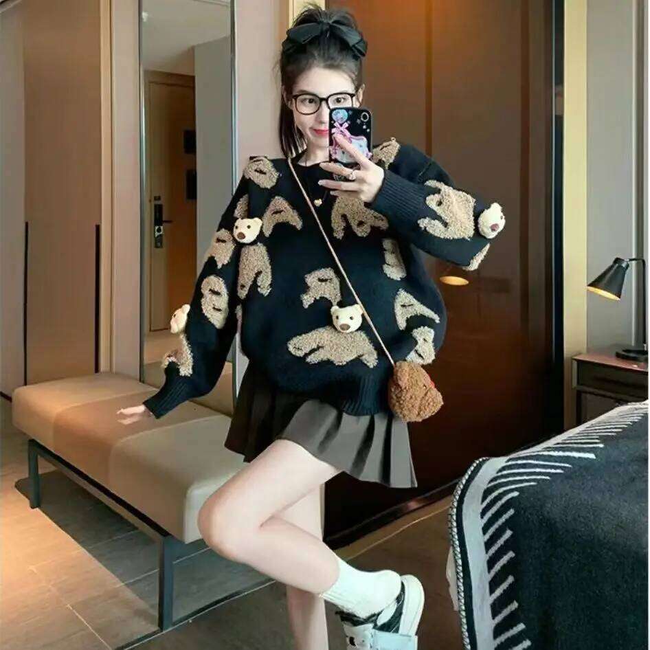 Women's Autumn Winter Cute Bear Letter Sweater Pullovers Lady Fashion O-Neck Loose Knitted Top Falls New Knitwear Clothes Female Z260313