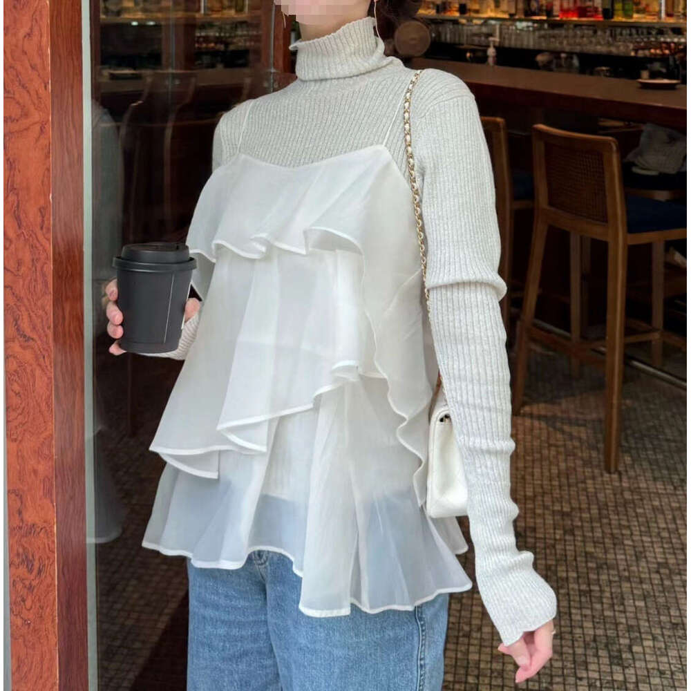 2026 Spring/Summer Designer Women's Sweet Ruffle Tank Top and High Neck Knitted Shirt Two Piece Set