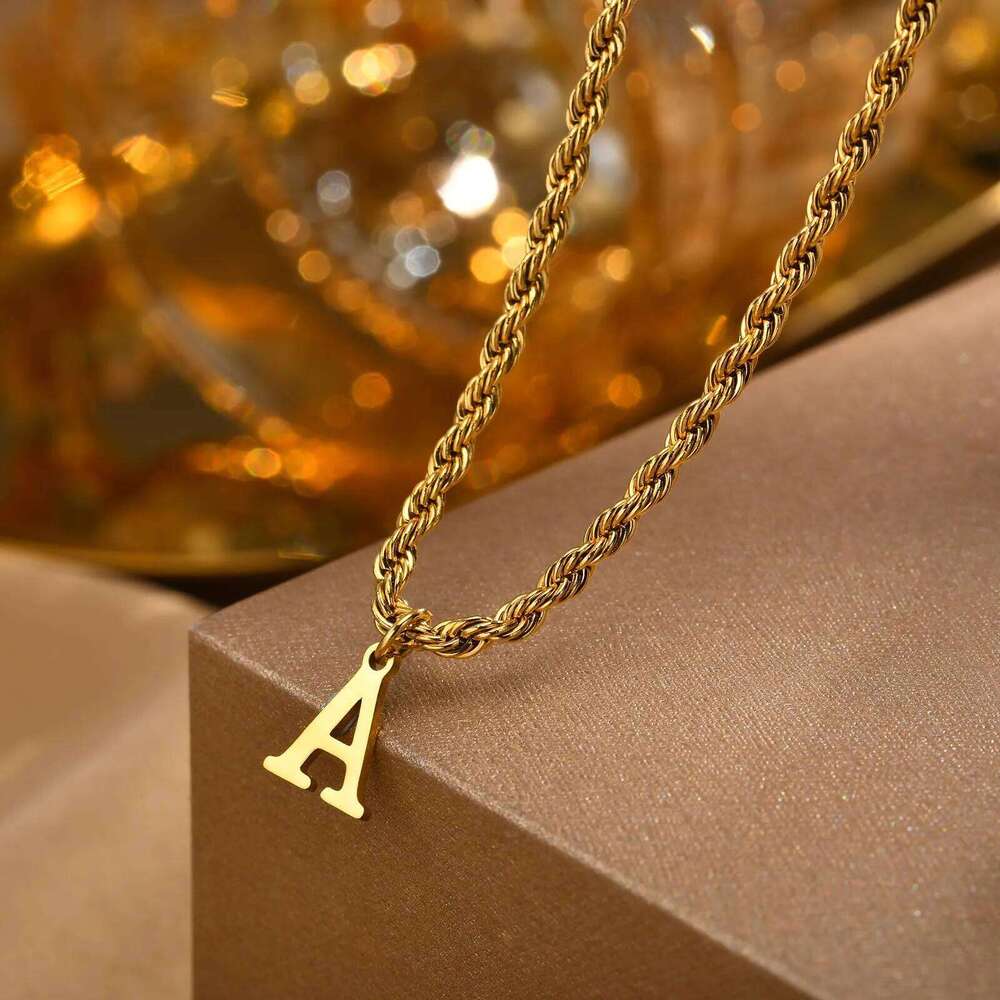 Initial Letters Necklaces for Men Boys,Stainless Steel A-Z 26 Alphabet Charm Pendant with 60CM/23.6" Twisted Rope Chain Gift H260312