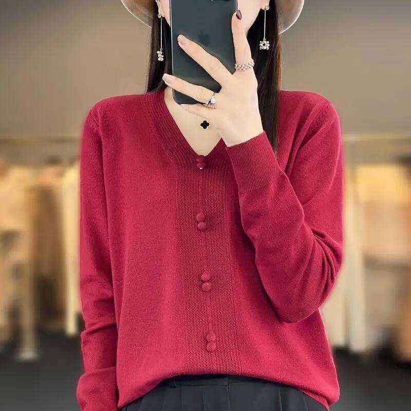 Fashion V Neck Button Detail Knit Sweater Versatile Long Sleeve Pullover Top Z260313
