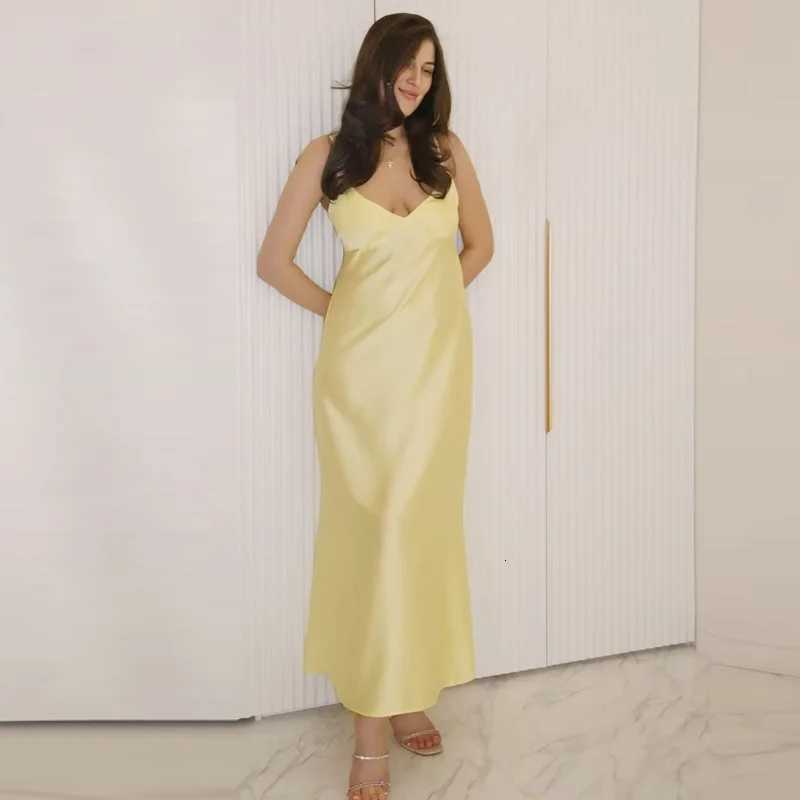HXAO Womens Yellow Slip Dress Summer 2025 Woman Satin V-Neck Party Dresses Elegant Evening Sleeveless Backless Long Vestidos 066T260316