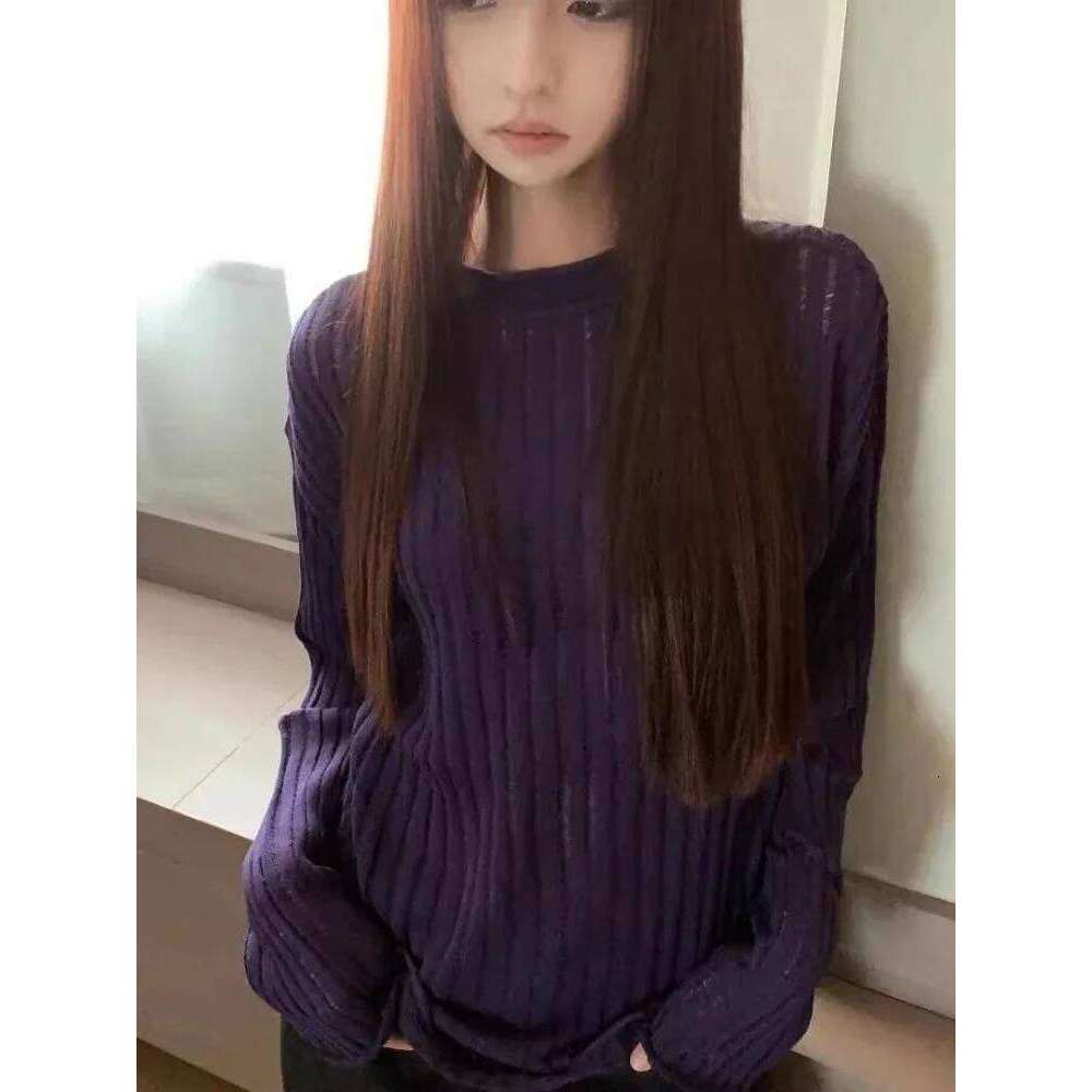 2025 Streetwear Vintage Purple Autumn Sweaters Harajuku Grunge Flare Sleeve Jumpers Loose Knitted Women Hollow Out Pullovers Z260314
