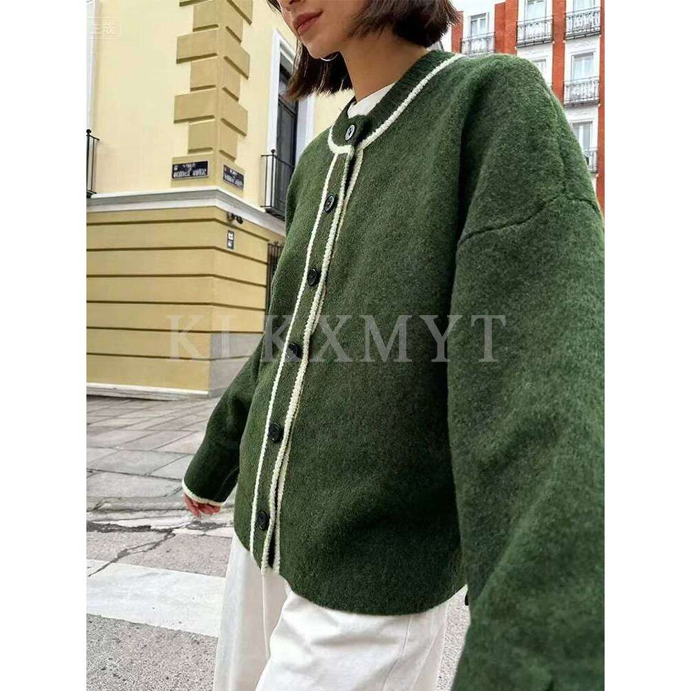 2025 Fashion Contrast Striped Long Sleeve Button Cardigan Women Hight Street Elegant Knitted Jacket Z260313