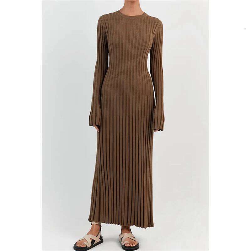 Autumn Winter Round Neck Solid Color Pleated Robe Femme Long Sleeve Knitting Ankle Length Vestidos Women Slim Bottoming Dress Z260314