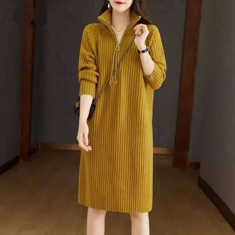 2024 Autumn/Winter New Large Knitted Medium length Half Zipper Solid color Loose Casual Long Sleeve Dress Women's Trendy Z260314