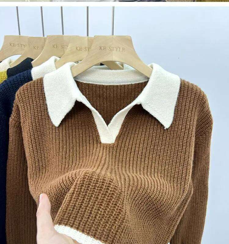 Knitted Sweater POLO Autumn Winter Korean Edition New Lazy Style Soft Glutinous Outer Loose Small Bottom Casual Top Z260313