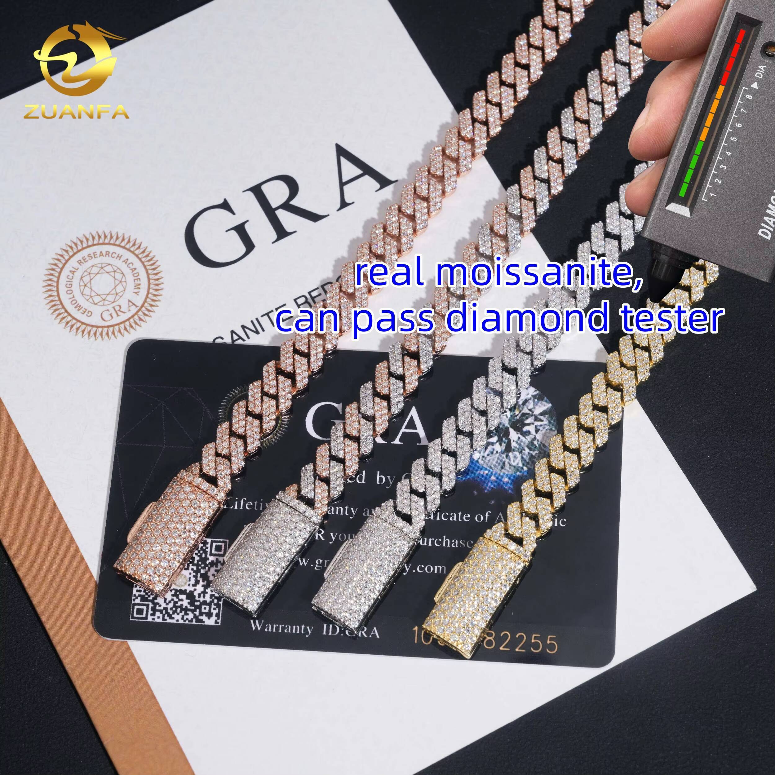 Hot Selling Pass Diamond Tester 8mm Two Rows Pass Diamond Tester Iced Out Hip Hop VVS1 Moissanite Cuban Link Chain Necklace Set