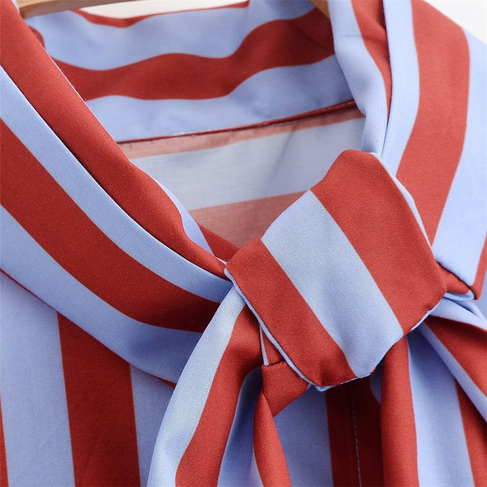 PB&ZA 2026 Spring/Summer New Product Women's Long Sleeve High Collar Butterfly Bow Striped Shirt