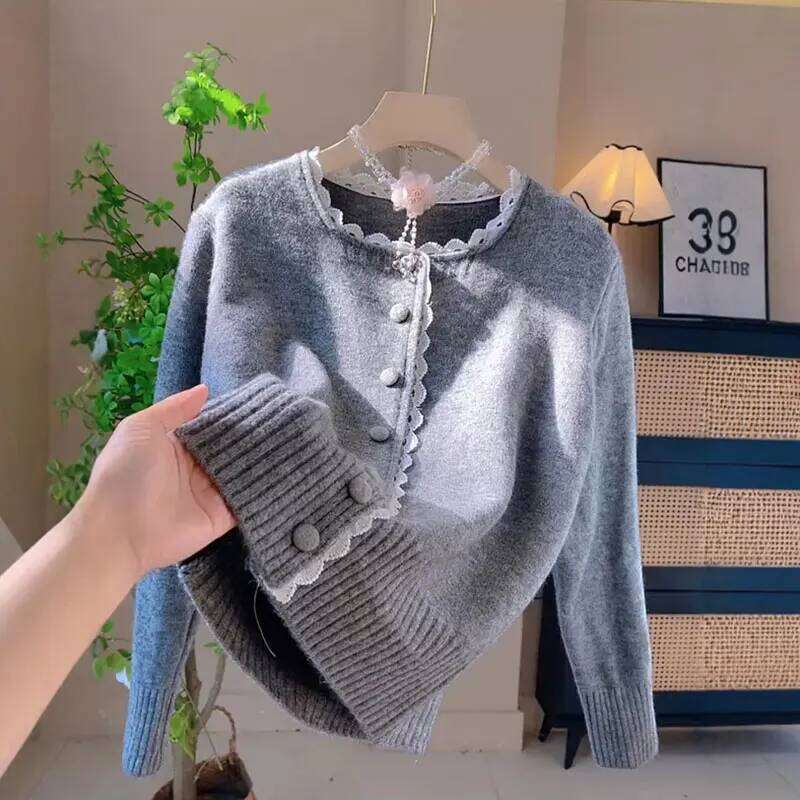 Spring Autumn Splicing Lace Design Sweater For Women New Korean Loose Slim Single Breasted Style Knitted Cardigan Top Z260313