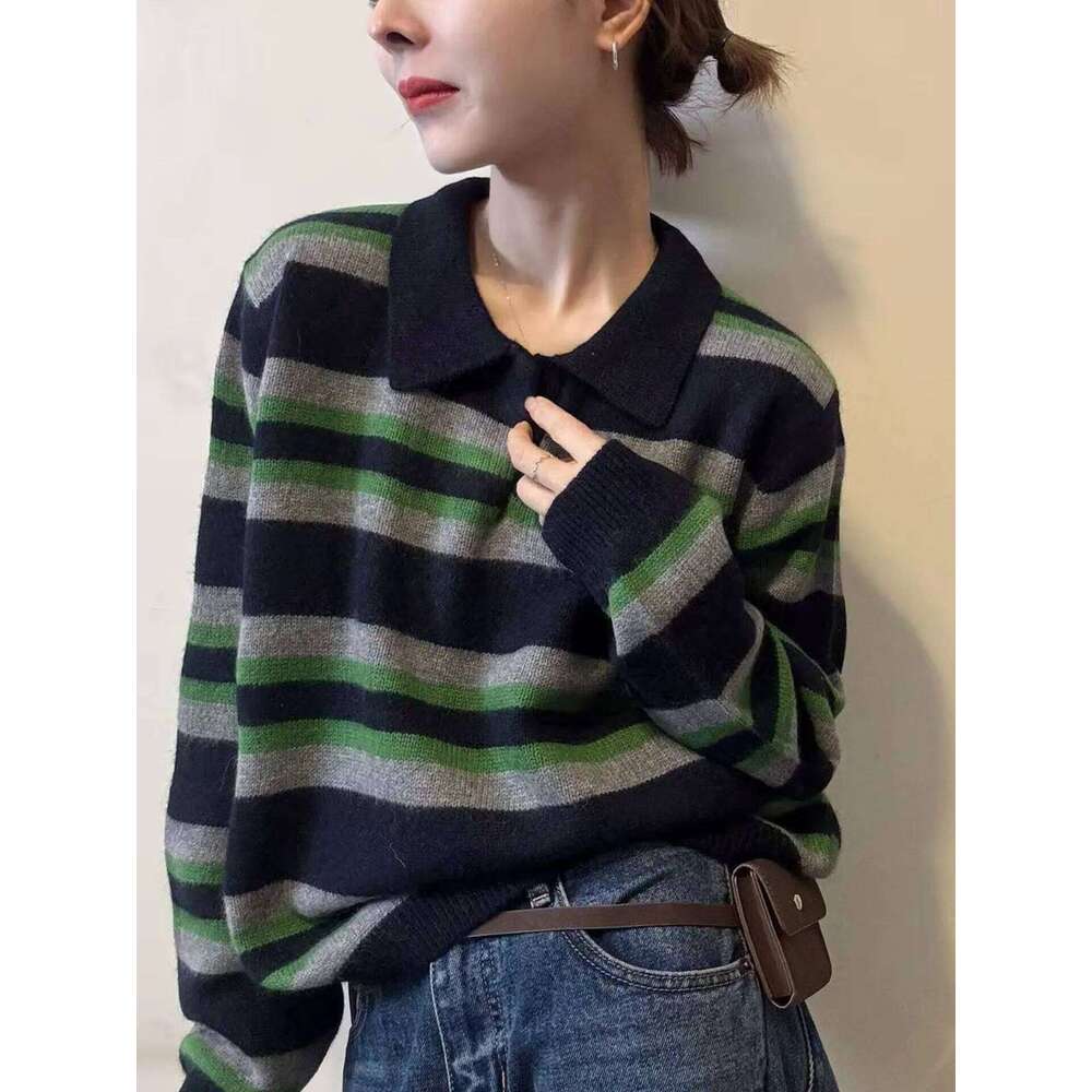 Contrast cashmere stripe new autumn sweater slim long sleeve pullover popular commuting style comfortable. Z260313