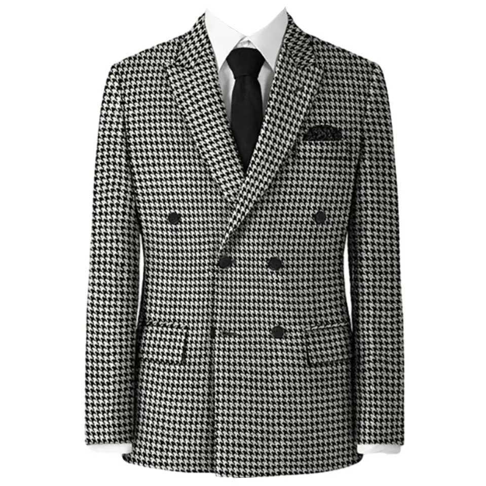 Plaid Blazer 2024 for Men 1 PCS Suit Jacket with Side Slit Slim Fit Houndstooth Checked Casual Coat 2024 WeddingOnly Coat M260313