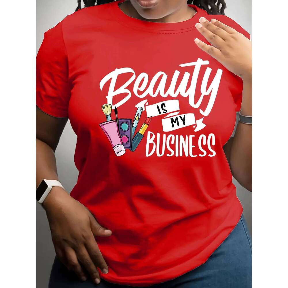 Women's Tshirt Graphic Beauty Is My Business Casual Crew Neck with Makeup Brush Design Short Sleeve Summer Top Comfortable Fit Z260314