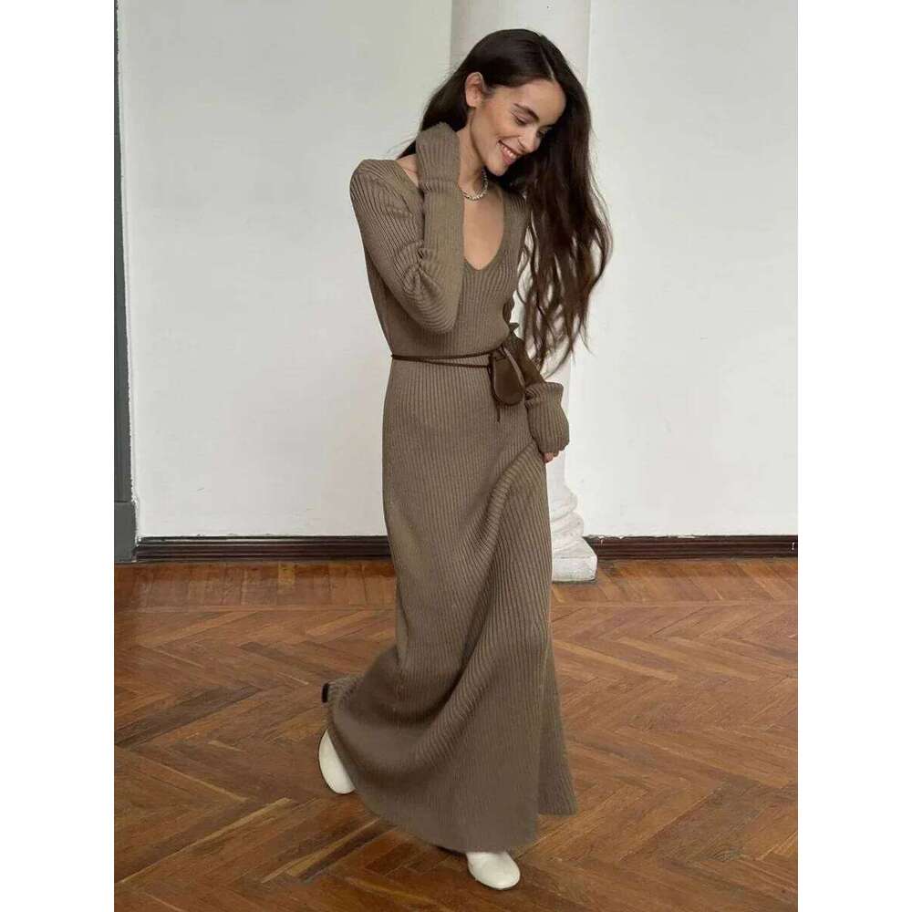 Blubelle Women's New Solid Color Long Sleeve V-neck Slim Bodycon Knitted Maxi Dress Trendy Elegant Fashion Dresses Z260314