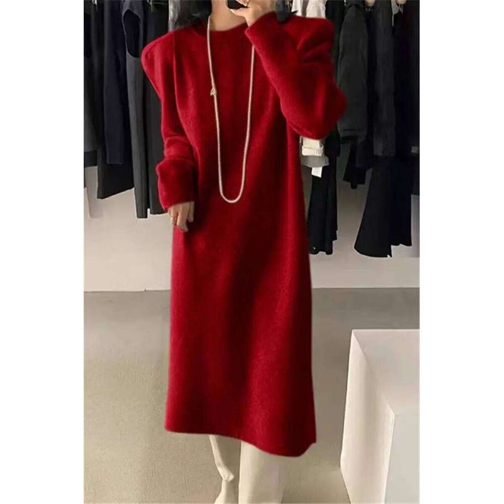 Korean Version of Autumn and Winter Puff Sleeve Sweater Dress 2025 New Mid-length Over-knee Knitted Long Skirt for Women Z260313