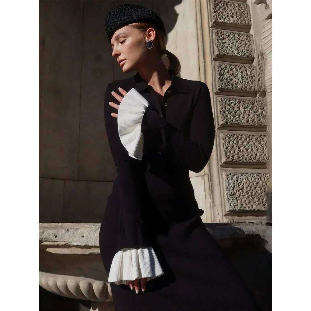 Tossy Female Ruffled Knitwear Long Fashion Patchwork Slim Contrast Lapel Casual Party Gown Women's Knit Maxi Dress Z260313