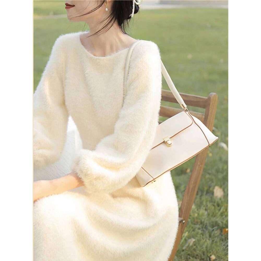 French Fairy Long Plush Gentle White Sweater Dress Women's Spring Autumn New Style Adding Velvet Thickening Dresses Z260314